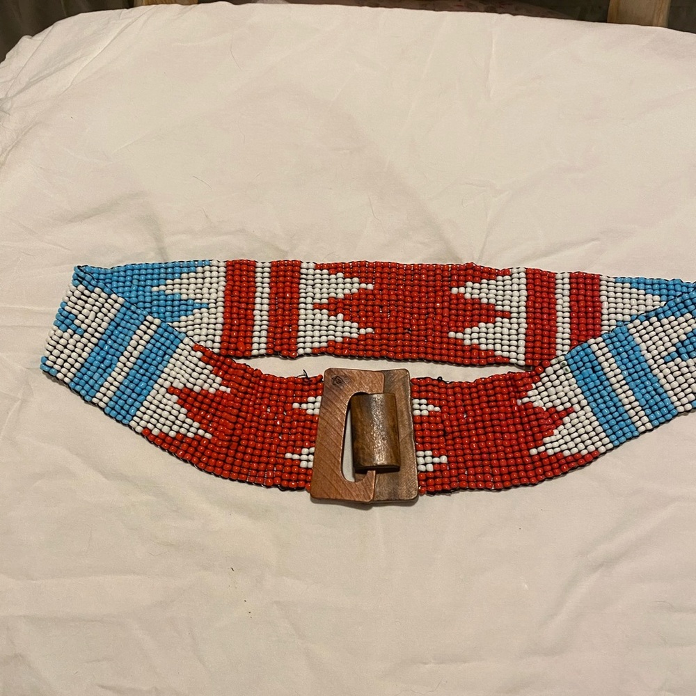Beaded Aztec Print Wooden Buckle Waist Belt - Red, Blue & White